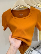 南瓜色方领短袖恤女夏季新款欧货黄色半袖高级修身短款上衣