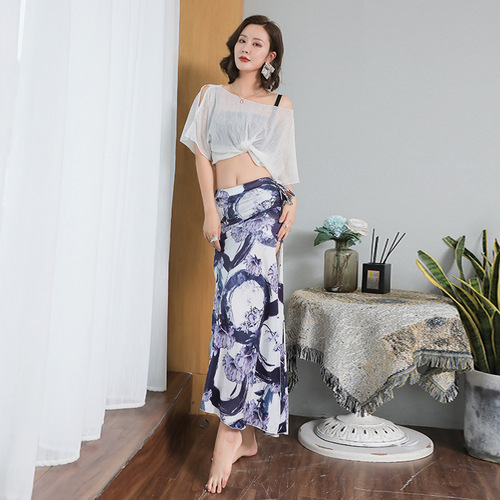 Belly dance elastic new two-piece suit mesh sexy long skirt oriental dance clothing practice clothing performance clothing for women
