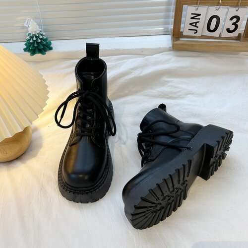 马丁靴女薄款英伦风机车系带小个子厚底春秋百搭显瘦短靴子ins潮