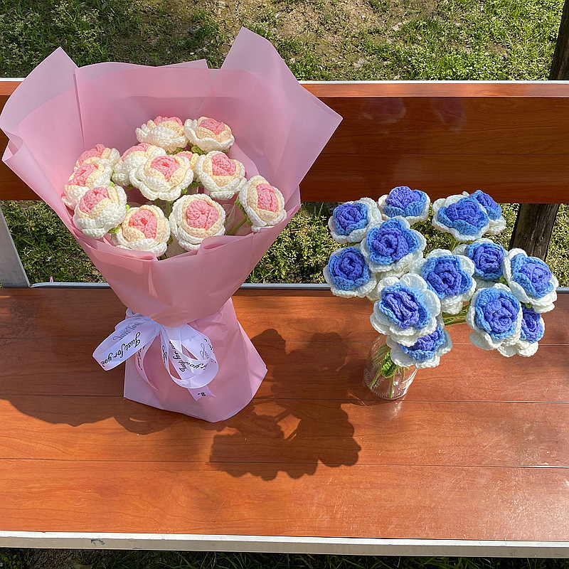 手工編織diy漸變玫瑰花手捧花成品毛線鈎織材料包情人節閨蜜禮物