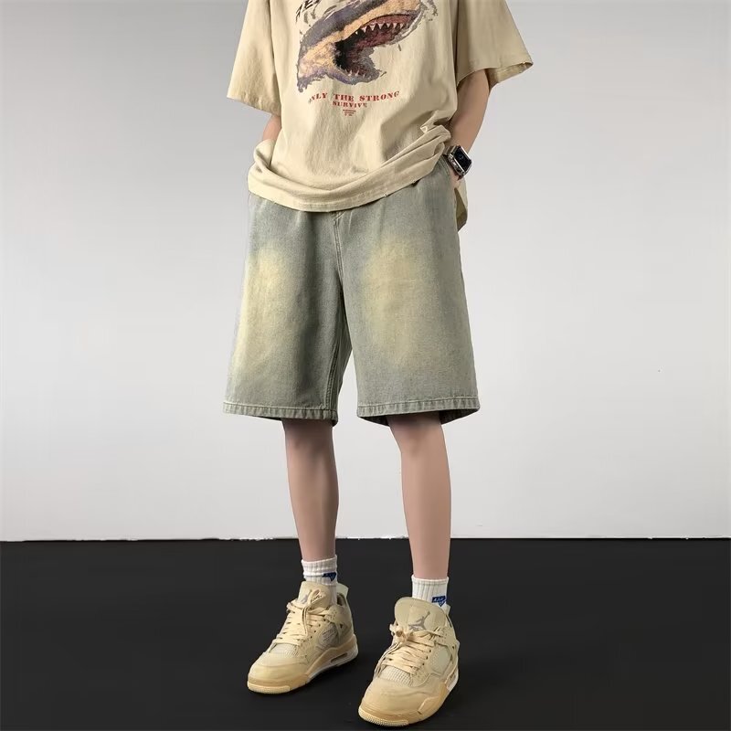 Yellow Mud Dyed Denim Shorts Men's Summer New American Style High Street oversize Retro Loose All-match Casual Pants