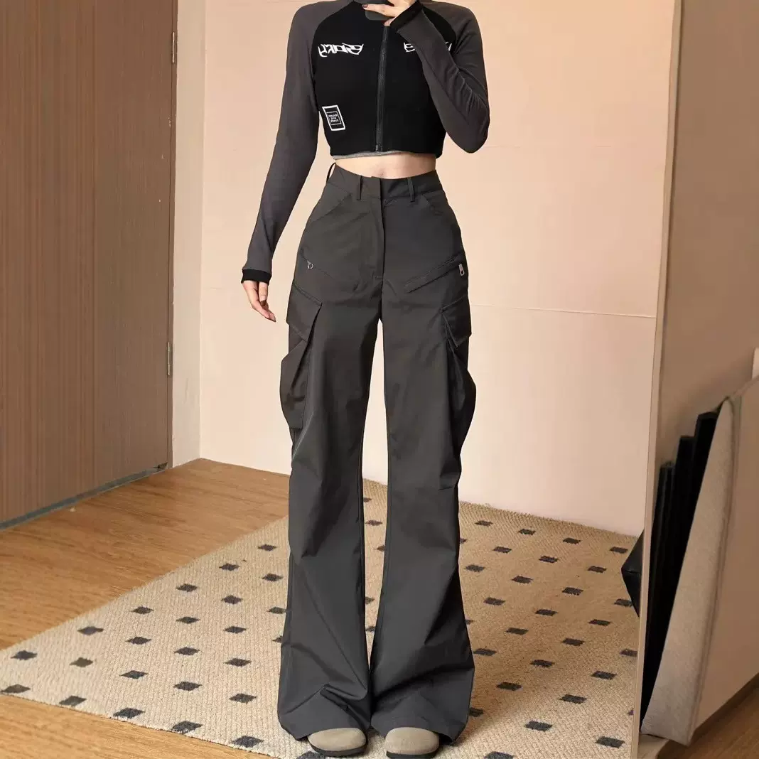 定制美式高街直筒牛仔工装裤女2025春夏秋季高腰显瘦宽松拖地长裤