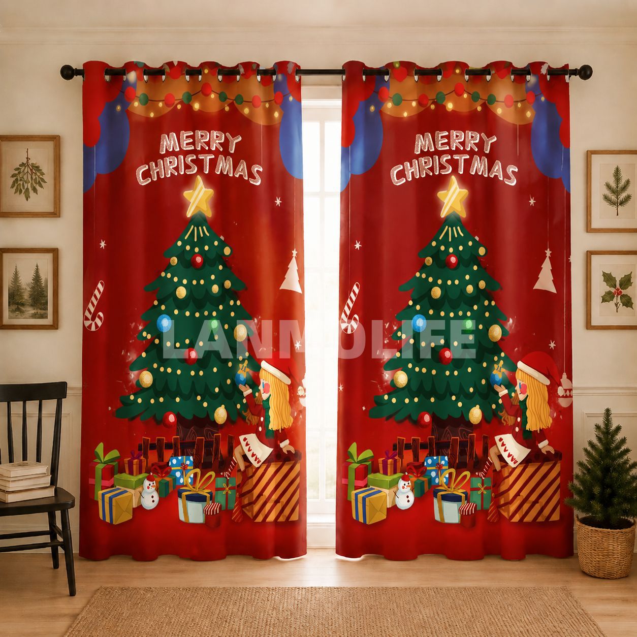 Impresión transfronteriza de cortinas de sombra de Navidad Europa y América decoración de Navidad ventana de piso sin perforación cortina de sombra al por mayor TEMU
