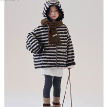 女童加绒外套秋冬2025新款韩版女宝宝毛毛衣洋气条纹连帽冬装上衣