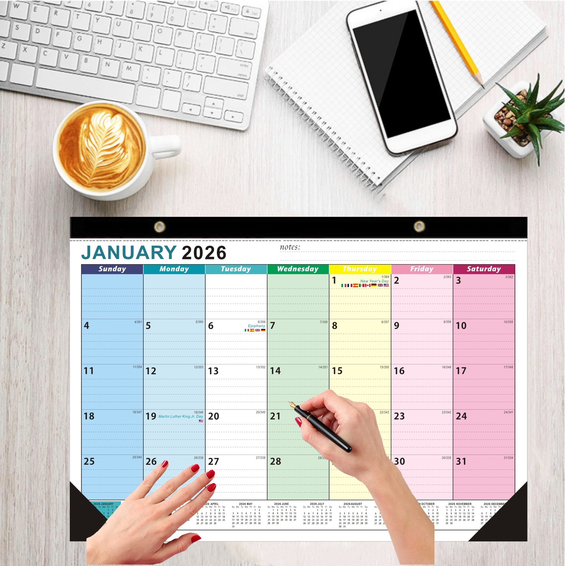 今恒2026年挂历欧美多国假期挂历挂墙历英文日历