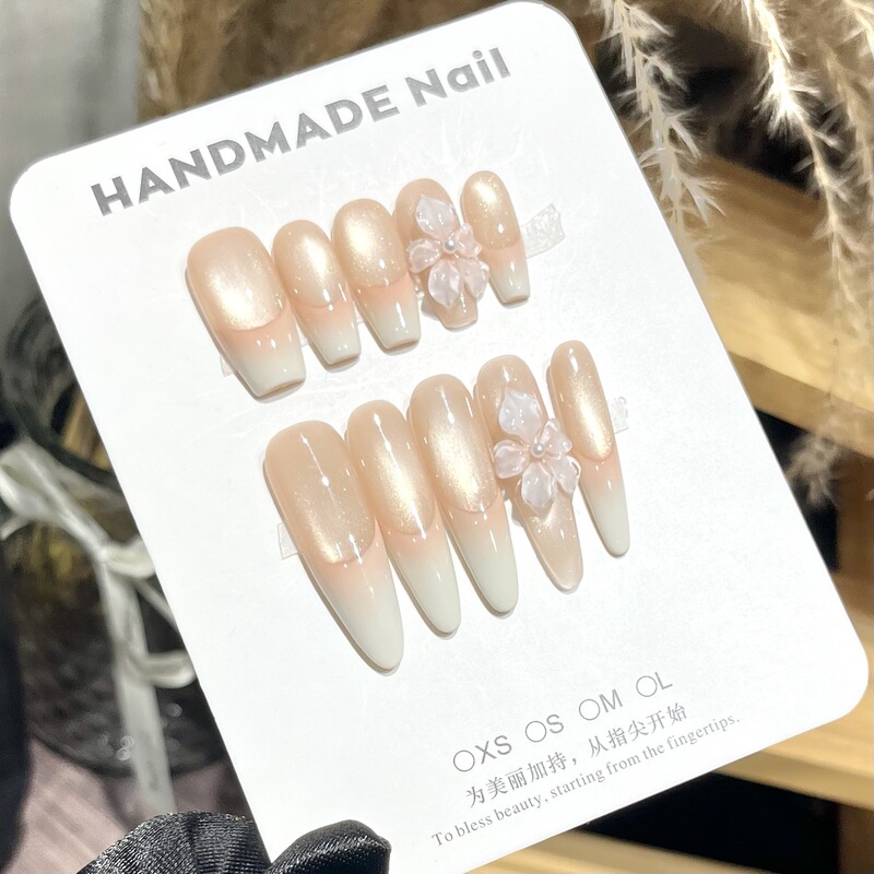 [Citrus Blossom] Purely Handmade Wearable Nails, Warm Orange Blush, Cat Eye Ice Crystal Carving Wearable Nails and Manicure Patches
