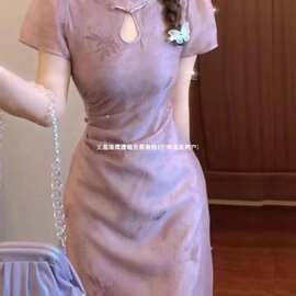 新中式国风年轻款少女旗袍2026新款花镂空紫色连衣裙子图片色涤纶
