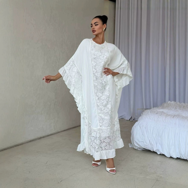 Cross-border foreign trade, patchwork lace, elegant and loose-fitting gown, beaded ruffles, batwing sleeves, sophisticated long dress