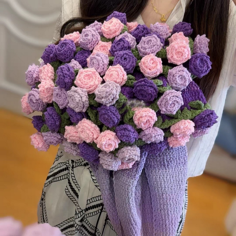 渐变紫尖角玫瑰花束毯子成品永生花午睡花毯手工编织装饰毯子|undefined