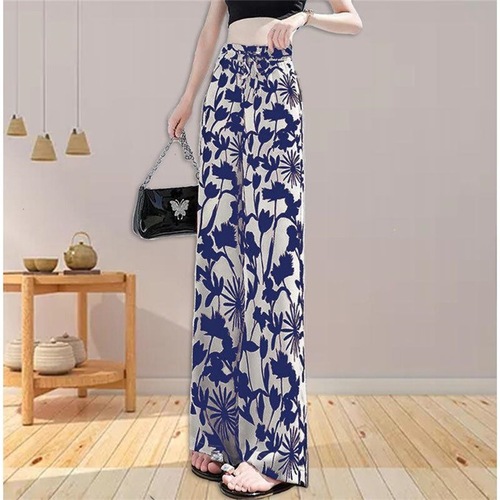 Women's Summer High-Waist Loose Flowy Tie-Dye Straight Wide-Leg Pants with Ice Silk Floral Pattern Floor-Length Hanging Drop Pants Casual Suit Pants