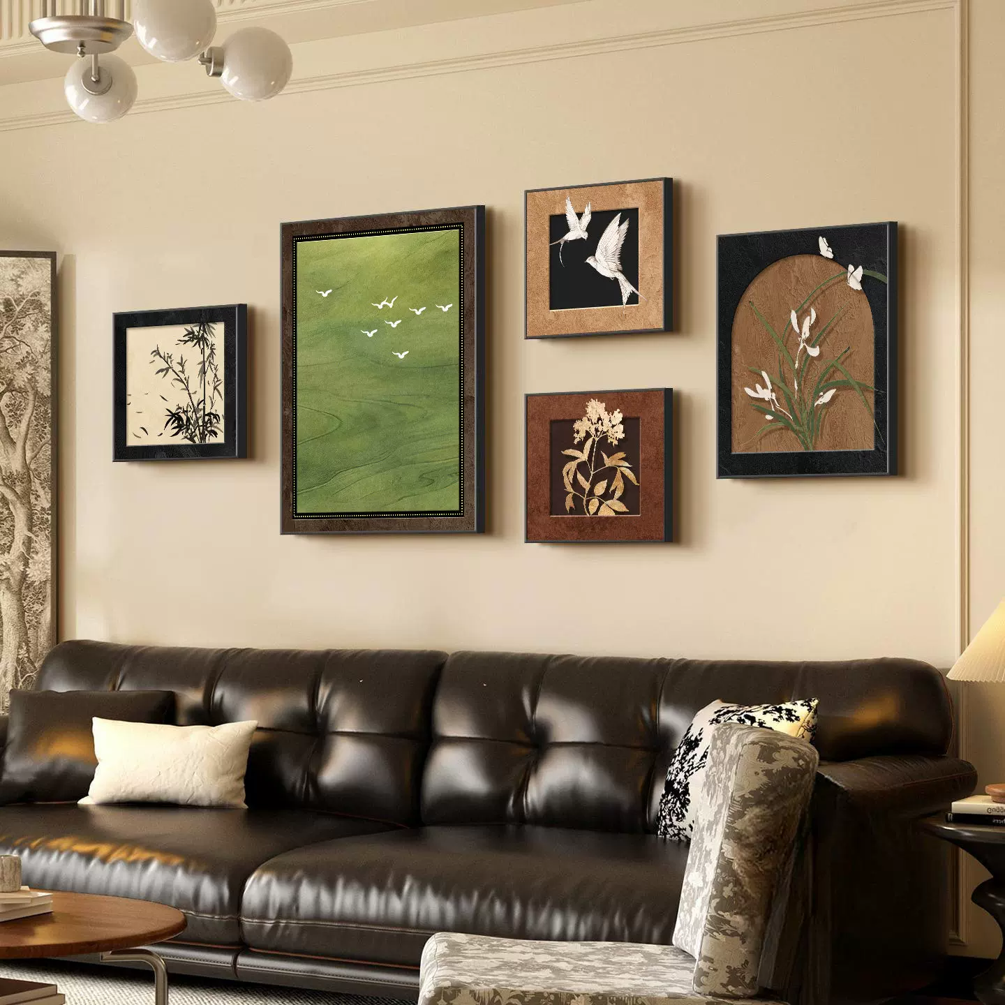 中古风绿色客厅装饰画法式复古沙发背景墙挂画高级感大气组合壁画