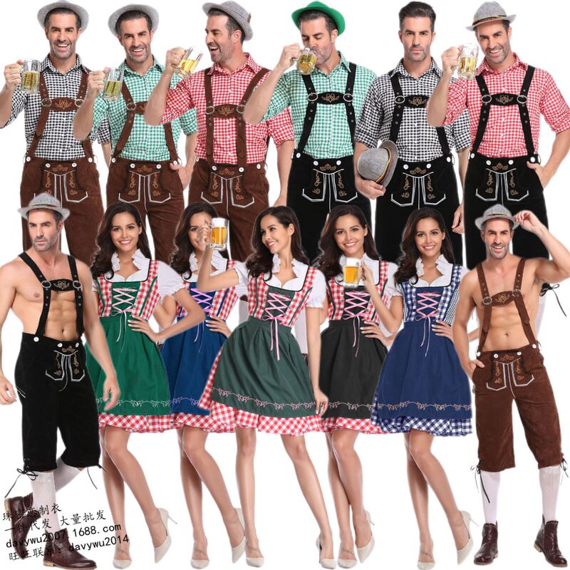 Men's and Women's Amazon German Traditional Oktoberfest Clothing Plaid Shirt Embroidered Suspenders with Hat Set