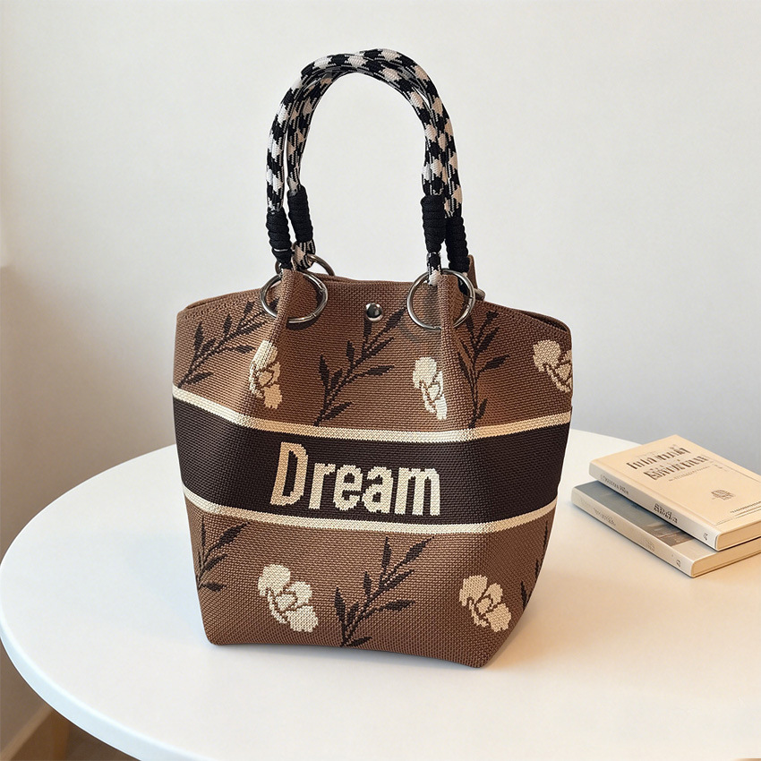Floral Cartoon Knit Ring Handle Bucket Tote Bag 20
