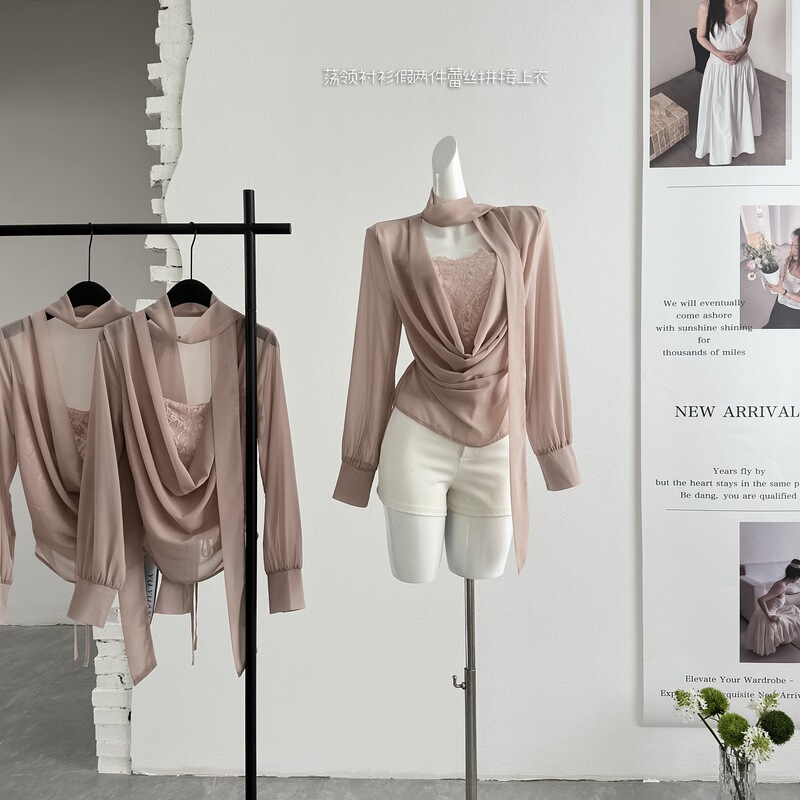 2026 real shot of the new spring/summer collection: misty pink off-shoulder shirt for women, two-piece lace splicing top for spring 2026 real shot of the new spring/summer collection: misty pink off-shoulder shirt for women, two-piece lace splicing top for spring