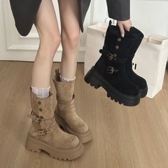 软皮版~短靴女2025新款夏季复古显瘦百搭小个子厚底英伦风瘦瘦靴