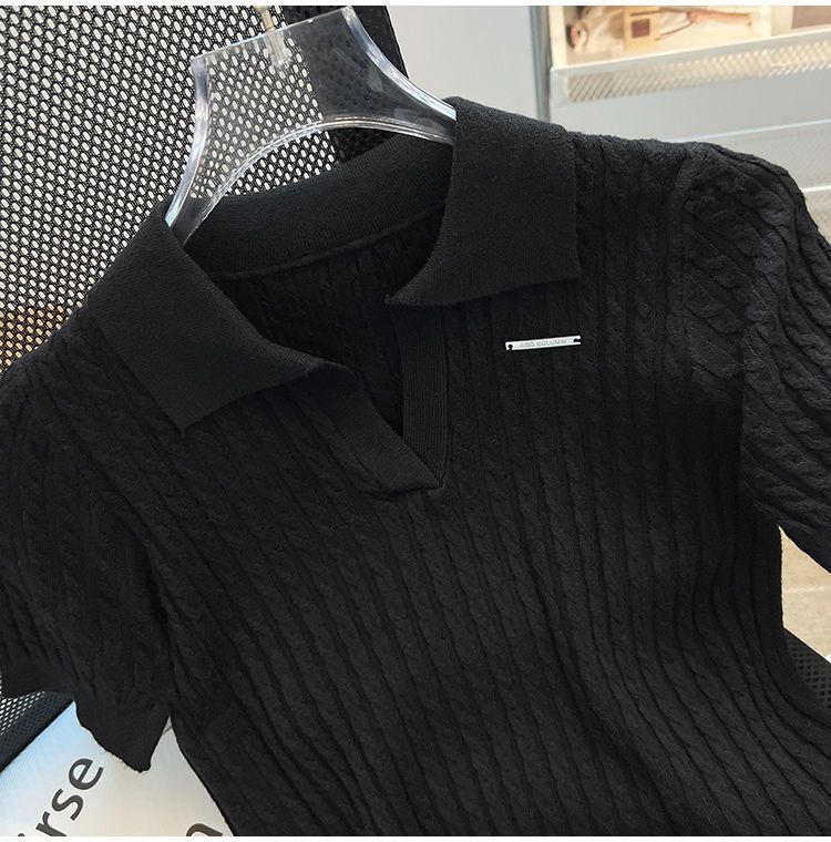 Polo Collar Ice Silk Knit Top For Women, Thin Loose Fit, Slimming, Plus Size, Short Sleeve T-Shirt_ecoleips.com