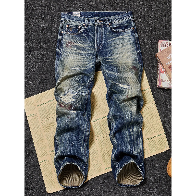 Men's Premium Heavyweight Vintage Jeans – Streetwear Distressed Washed Denim Pants, Relaxed Straight-Leg Fit, Light Blue_mkmklike.com