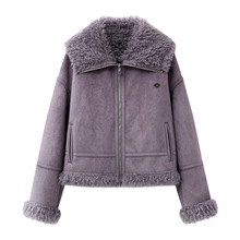 紫色麂皮绒短外套女2025冬季新款羊羔毛风环保皮草F75W676