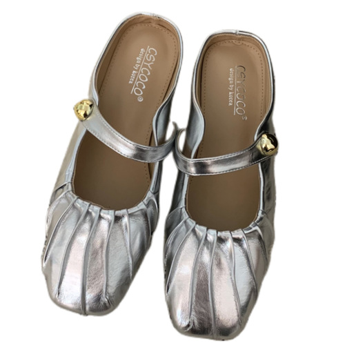 Silver flat toe toe half slippers for outer wear 2024 new summer mom Mary Jane Muller women's sandals single shoes