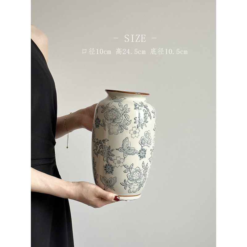 Nuevo jarrón de cerámica azul china nueva decoración de estilo chino sala de estar floral decoración de vestíbulo de estilo antiguo peonía floral