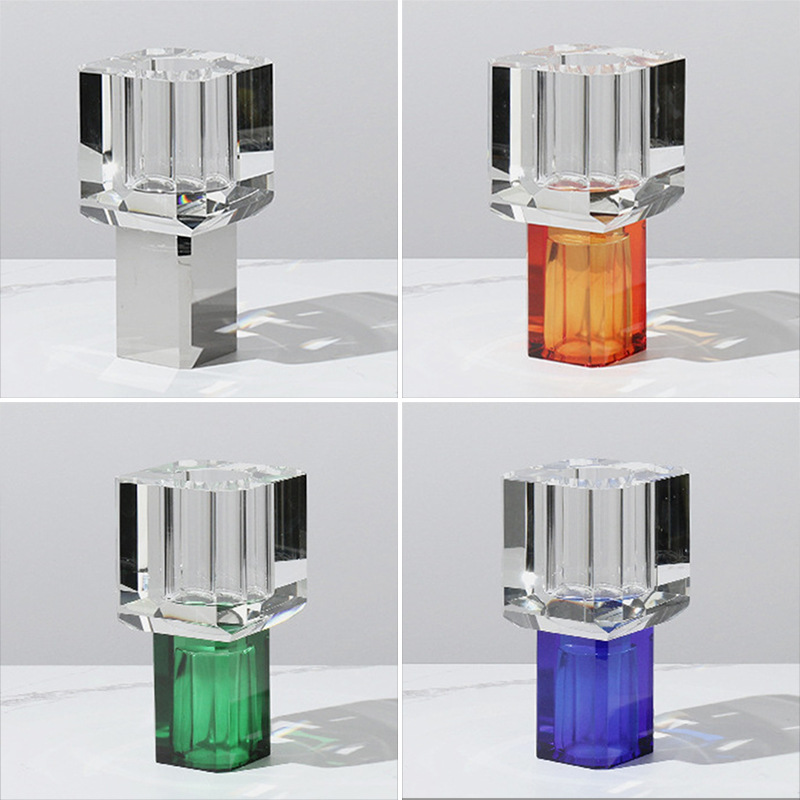 輕奢現代透明水晶玻璃花瓶樣板間室內客廳擺件簡約彩色方形插花器