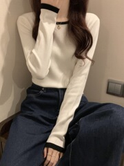 2025春季新款长袖打底衫女秋冬内搭设计感别致小上衣白色正肩恤