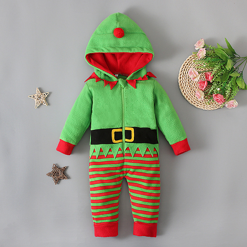 Children's European and American spring and autumn long-sleeved hooded Christmas striped jumpsuit romper clothing children's clothing ins_voghion.com
