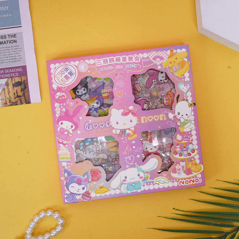 Sanrio Cultural y Creativo Moe Star Party 100 en PET Pegatinas impermeables transparentes Stitch Children's Kapi Hand Cart Periférico