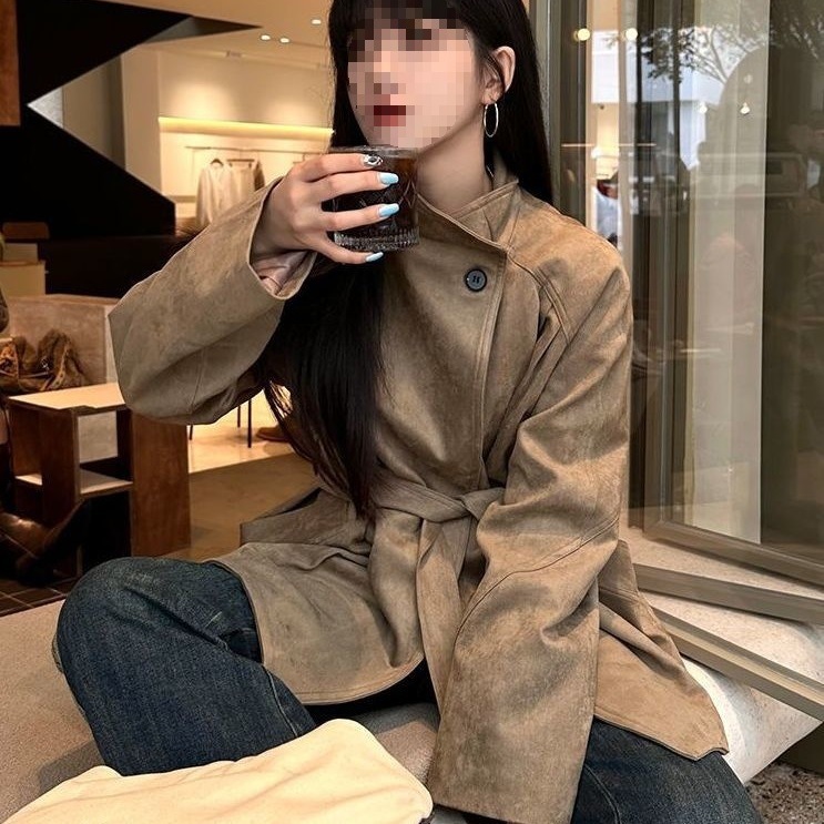 美式复古麂皮绒短款风衣外套女2025春秋新款小个子百搭夹克上衣潮|undefined