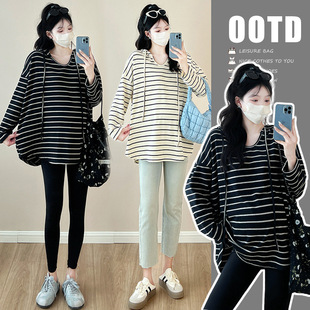 Maternity Dress Autumn Fashion Long Sleeve Hooded Striped Top Spring and Autumn Loose plus size Pregnancy T-Shirt Autumn Base Shirt
