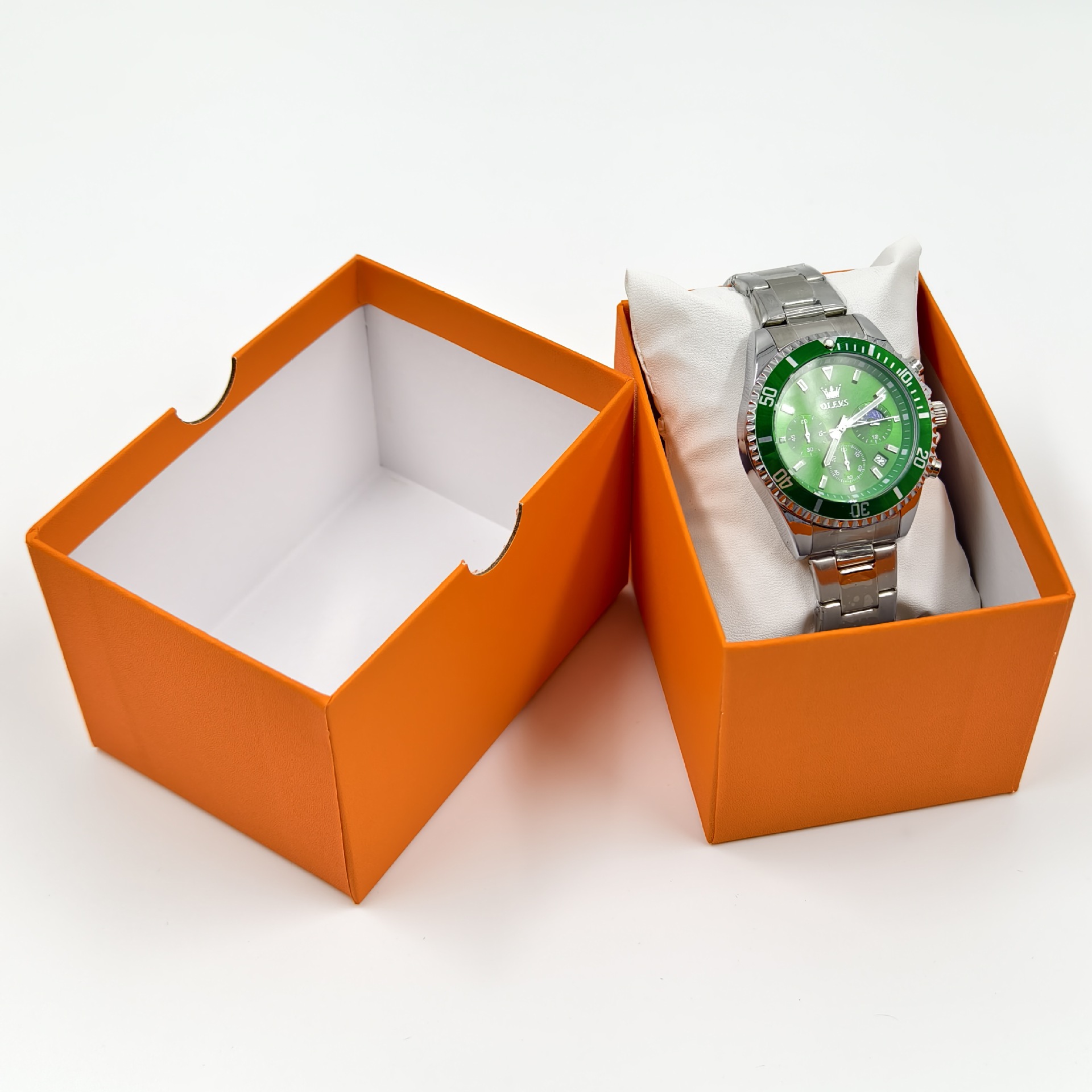 天地蓋オレンジ色腕時計ボックス、ロゴ印刷可能、高級クォーツ時計包装箱、ブレスレットジュエリーボックス、革製枕付き
