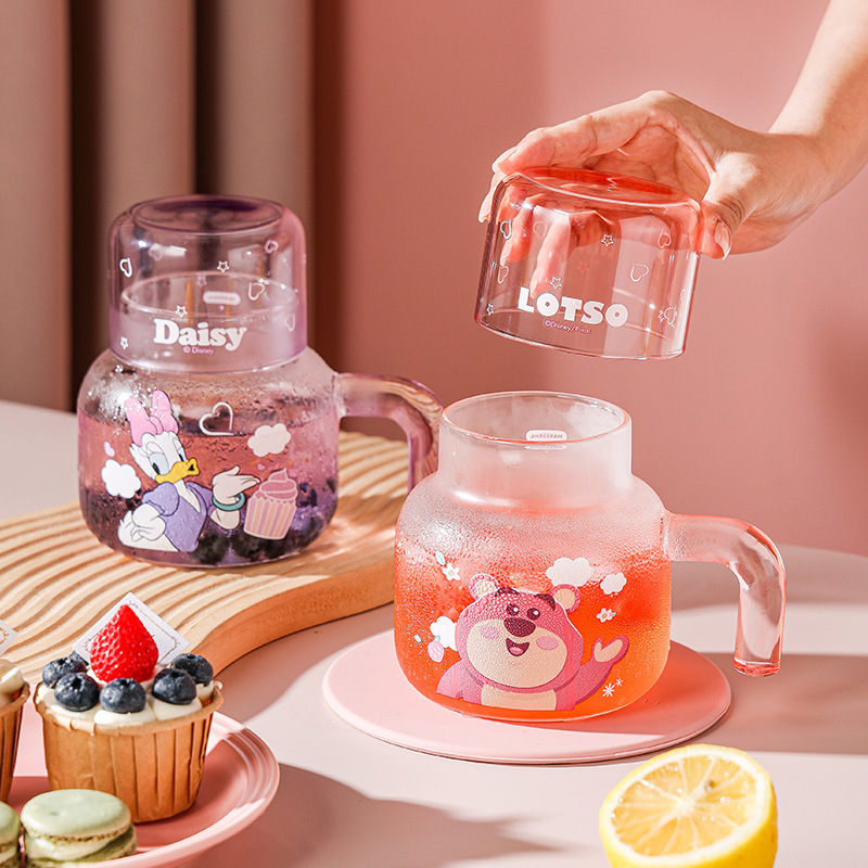 Nuevo tipo de taza de agua con tapa de Disney, taza de agua de una persona, taza de agua de vidrio de alta capacidad, taza de té de flores, taza de agua de vidrio de alta silicona