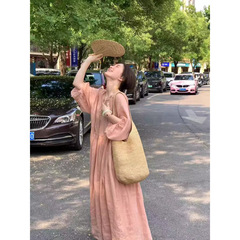 早秋新款粉色纯苎麻纯色大码V领系带连衣裙宽松女裙子禅修