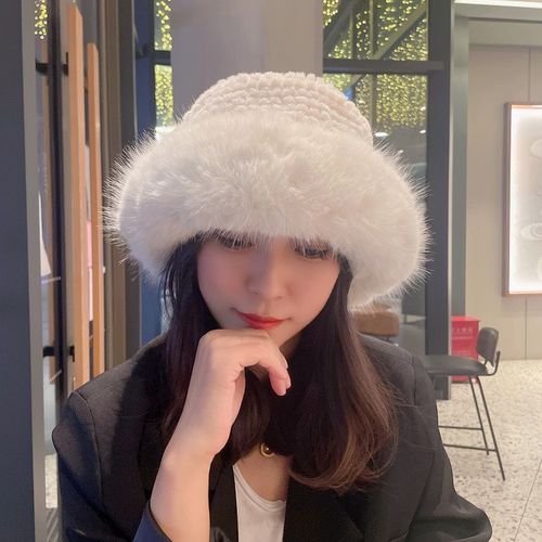 Women's Winter Korean Version Trend Plush Warm Bunny Fur Fisherman Hat Autumn Winter Fleece Ear Warming Face Slimming Bucket Hat