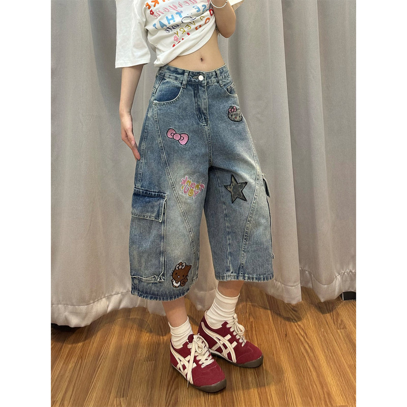 Cute Kitty Cat Patch Embroidery Workwear Denim Shorts for Women, 2026 Summer New Style, Multi-Pocket Cropped Pants