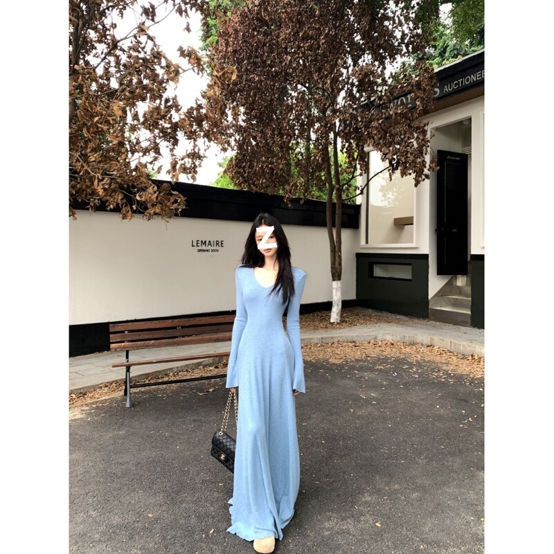 松驰感气质领长袖针织连衣裙女早秋收腰修身打底裙垂感大摆长裙|undefined