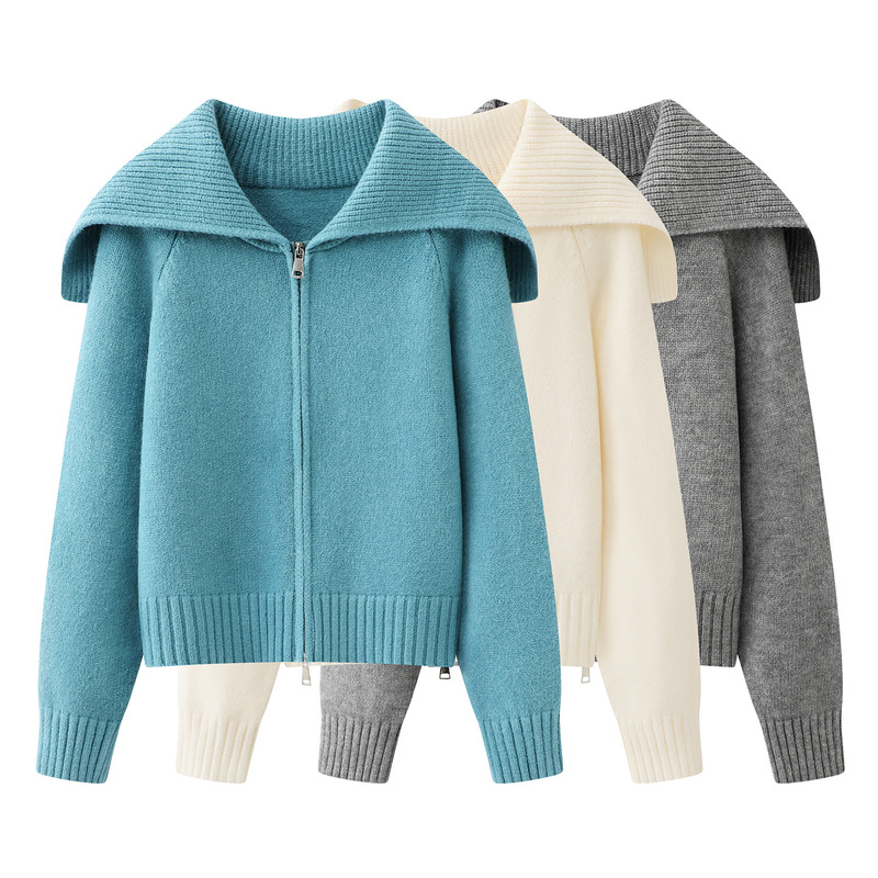 Gray Navy Collar Knitted Cardigan for Women 2025 Autumn New Style Loose Warm Lazy Style Casual Double Zipper Sweater