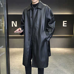 Mywood 2024 Autumn and Winter Men's Long Casual Leather Coat Warm Waterproof PU Lapel Leather Coat 7711