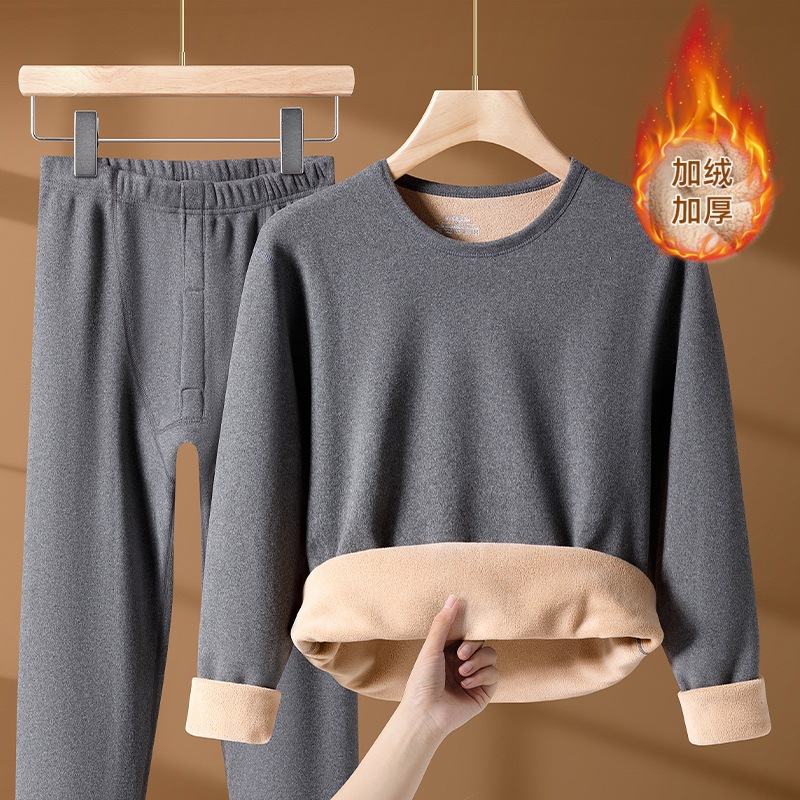 [Thick Lamb Velvet] Winter Men's Velvet Thickened Thermal Underwear Set Bottoming Shirt Solid Color Autumn Clothes and Autumn Pants