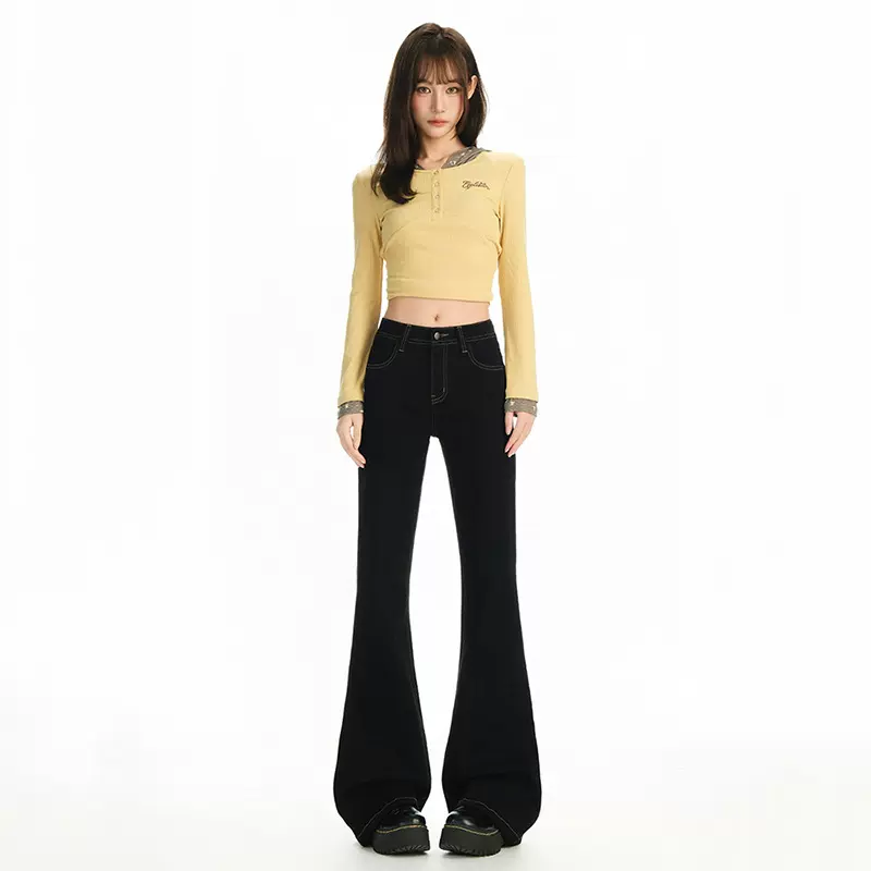 微喇牛仔裤女秋冬新款辣妹港风设计复古高腰修身显瘦拖地马蹄裤子