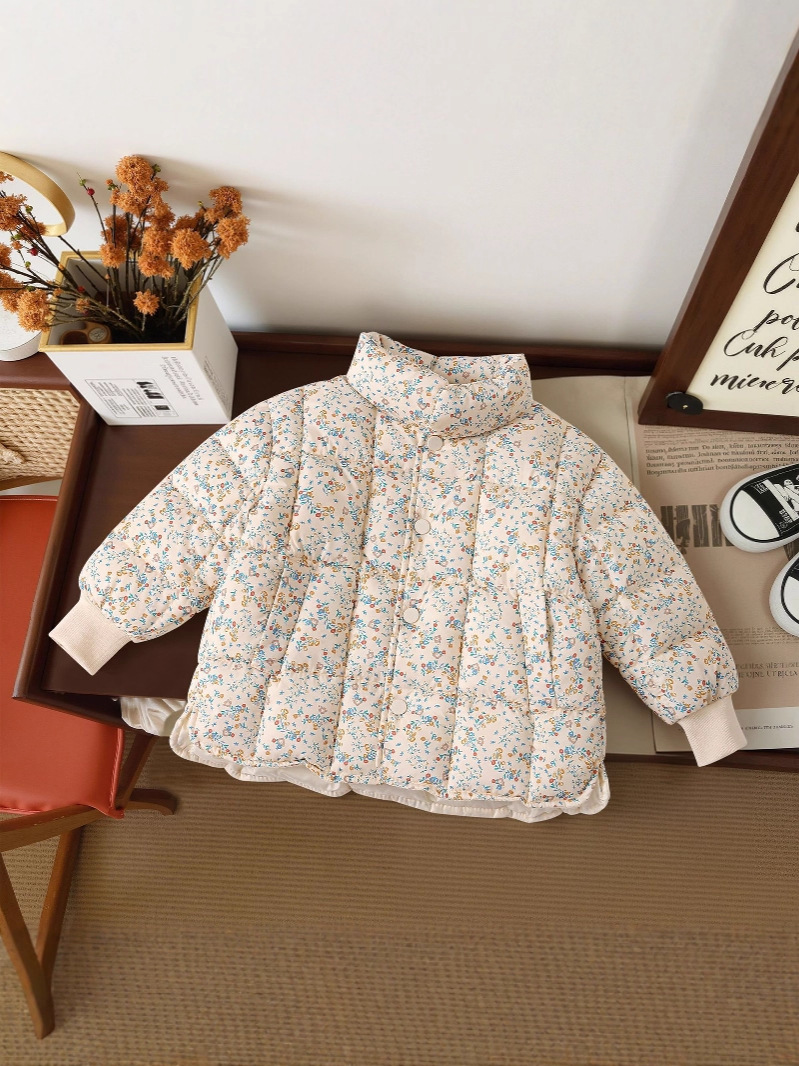 Nuevo estilo coreano pequeño estilo fragante grueso cuello alto para niñas abrigo de algodón de plumón floral cálido uniforme escolar
