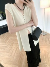 白枕鹤针织背心女夏季新款薄款宽松百搭显瘦时尚中长款开衫V领