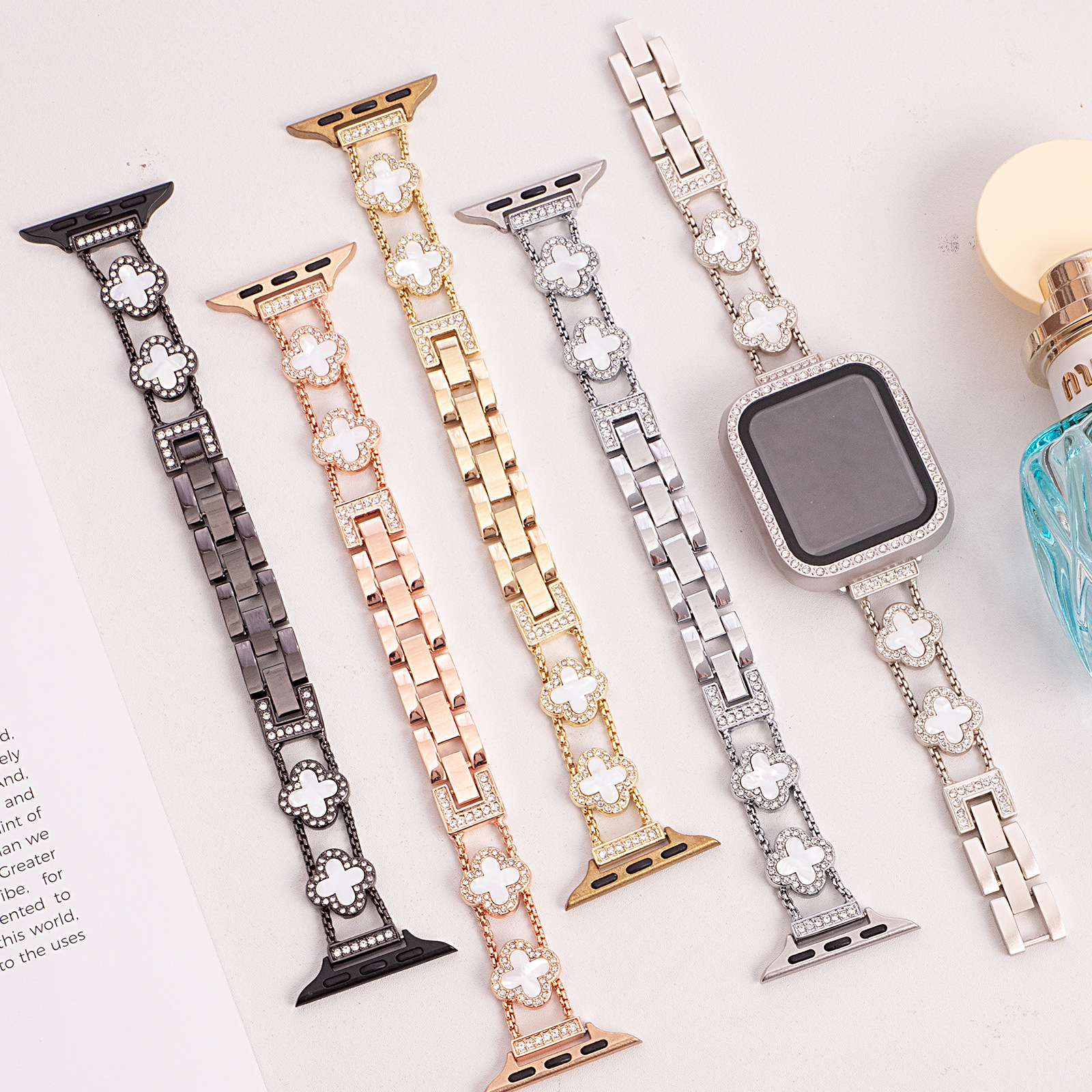 適用蘋果iwtch錶帶金屬四葉草帶鑽貝母applewatch腕帶女款手錶帶