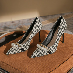 91813 尖頭高跟鞋女細跟2024新款百搭珍珠鏈條時尚千鳥格淺口單鞋