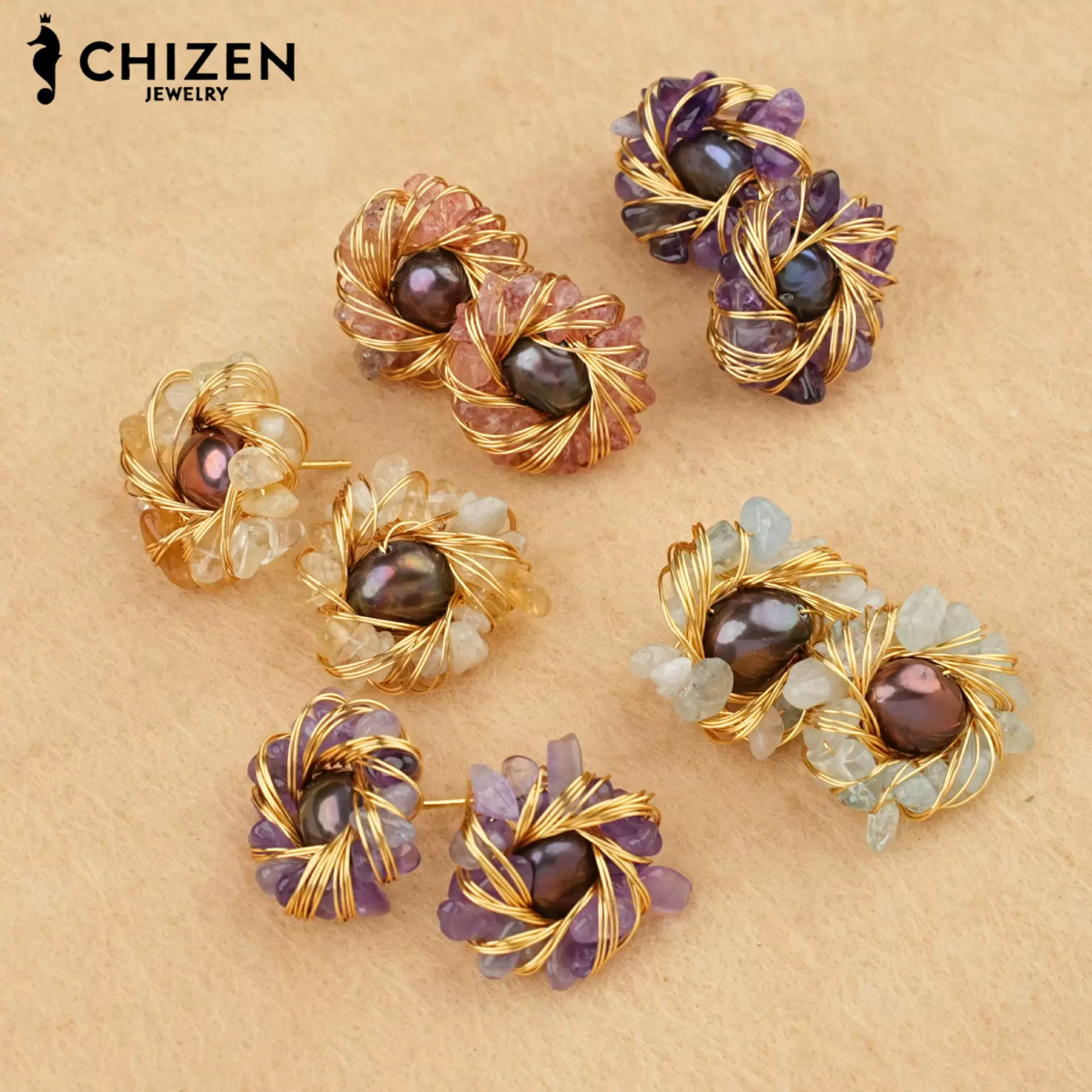 跨境源头工厂天然淡水珍珠耳饰多色不规则绕线耳钉饰品批发手工