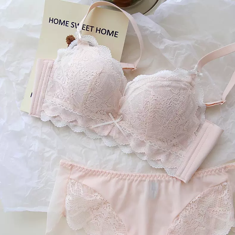 浪漫法式双层蕾丝少女内衣柔软无钢圈小胸聚拢无钢圈文胸套装性感