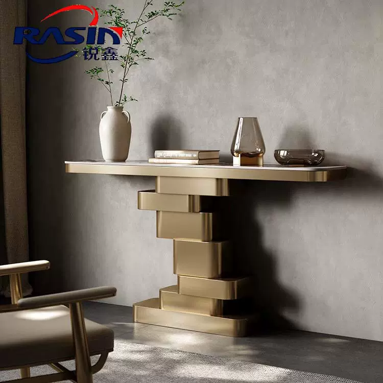 玄关台轻奢风高端入户走廊过道不锈钢拉丝工艺岩板玄关桌 玄关台