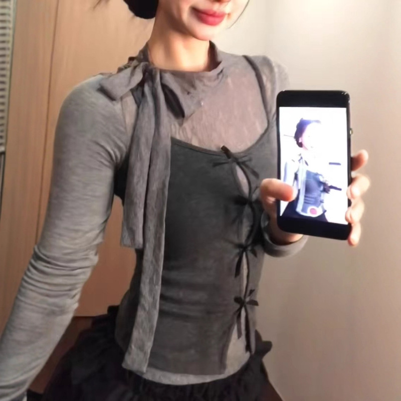 灰色辣妹蝴蝶结真两件长袖t恤女秋季设计感纯欲风修身打底衫上衣|undefined