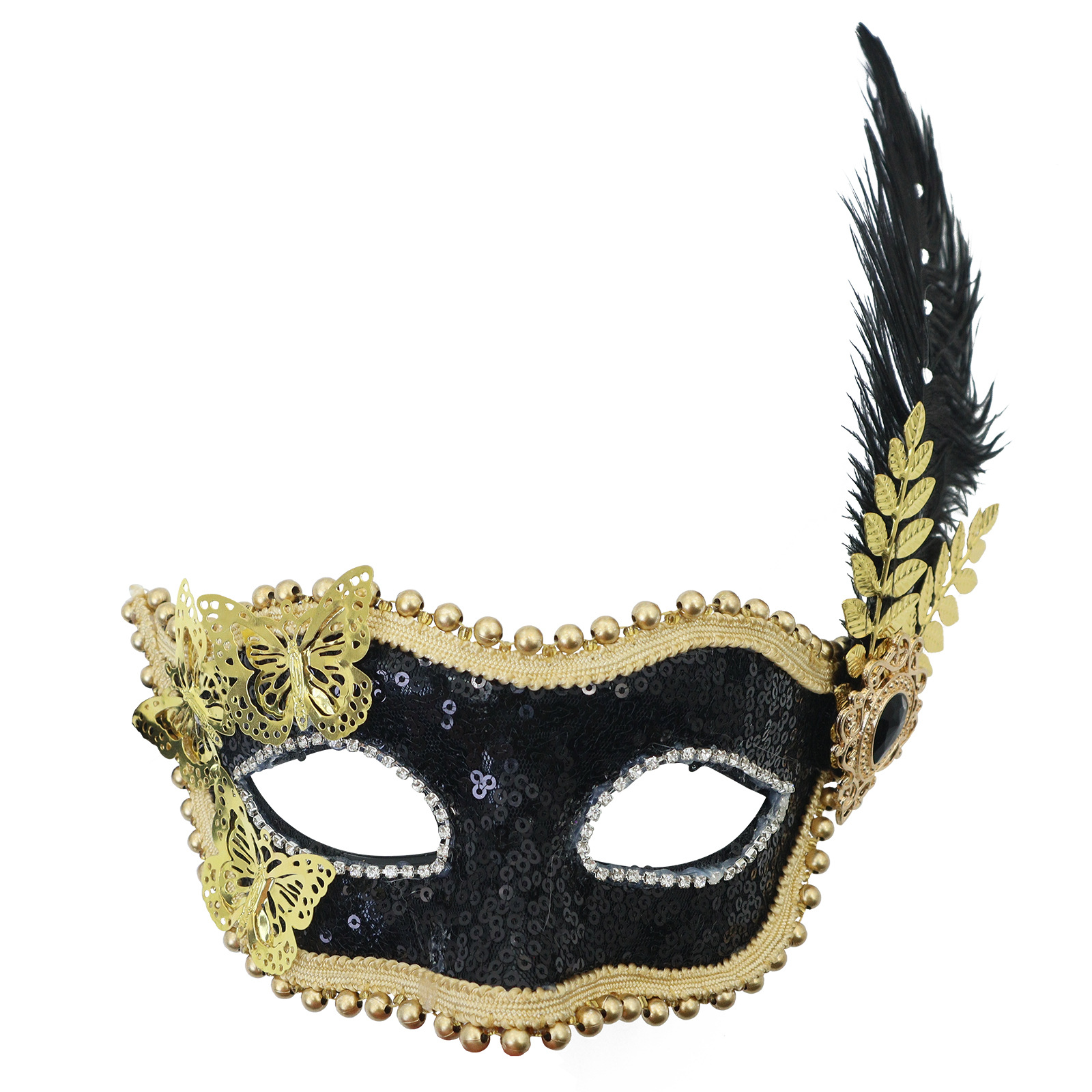 Amazon venta caliente carnaval borde lateral plumas metálicas mariposas retro máscaras de mitad de cara romana baile de maquillaje