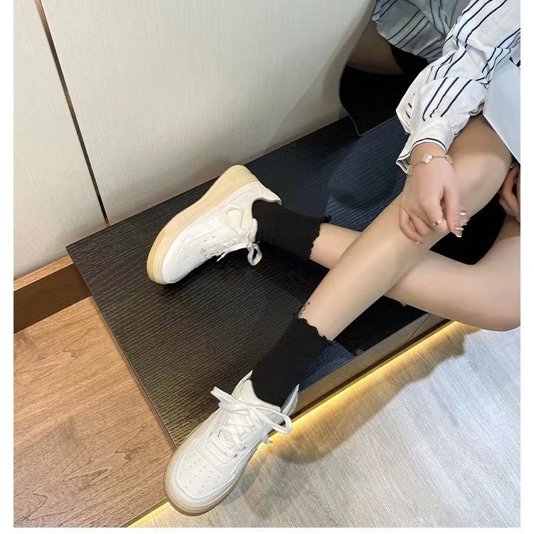 Witte retro leren sneakers smiley dames veters skateschoenen_voghion.com